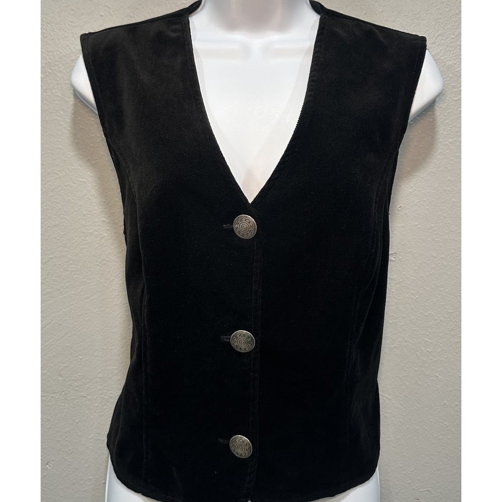 Stonebridge Velvet Vest Women's Size 6 Black Silver Buttons Satin Lined